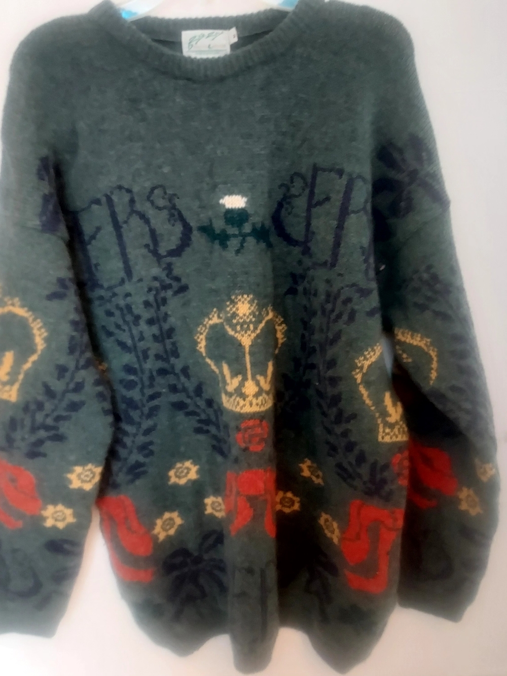 Vintage Scottish Green Patterned 100%wool Men’s Sweater Designer Knit Wear M